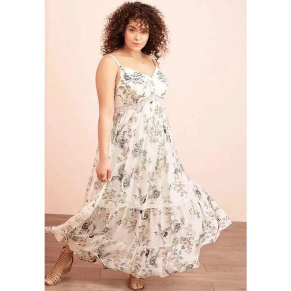 Torrid Floral Chiffon Lace Maxi Dress Size 2 Swan Song Smocked Tiered Babydoll - Picture 1 of 11